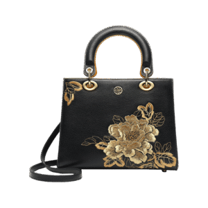 Embroidery Leather Black Lady Bag Gold Peony Luxury Handbag