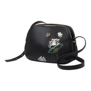 Embroidery Leather Shoulder Bag Black Lotus Handbag