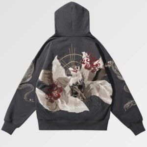 Embroidered Hoodie Japanese Fox 'Kitsune'